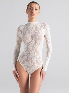 Skims White Lace Long-Sleeve Sheer Bodysuit